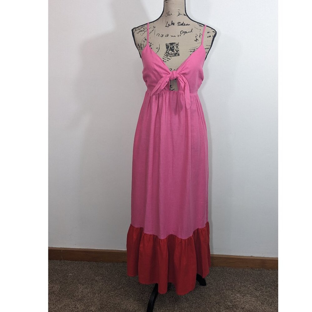 Tabitha Brown Sleeveless Tie-Front Tiered Midi Dress Pink/Red Pockets XS Linen